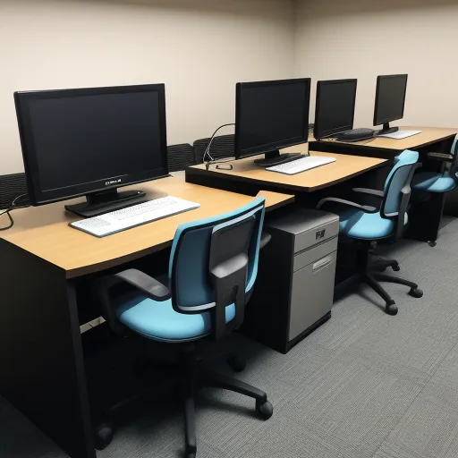 a row of desks with computers on them in an office setting with a carpeted floor and a wall, by Toei Animations