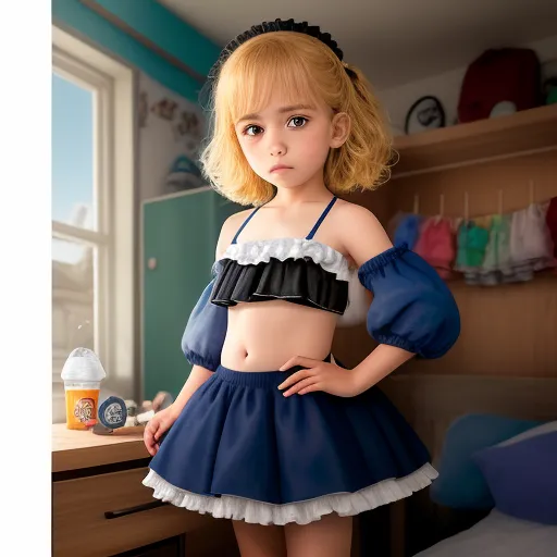 text-to-image ai free - a little girl in a blue dress standing in a room with a dresser and a window behind her is a doll, by Sailor Moon