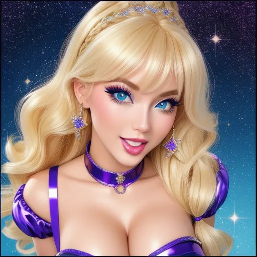 a barbie doll with blonde hair and blue eyes wearing a purple dress and tiara with stars on it, by Sailor Moon