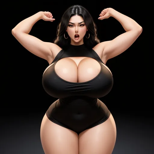 ai image generator names - a woman in a black bodysuit posing for a picture with her hands on her hips and her big breast, by Terada Katsuya