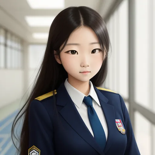 a woman in a uniform standing in a hallway with a window behind her and a blue carpeted floor, by NHK Animation