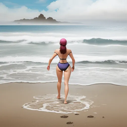 best ai text to image generator - a woman in a bikini walking on the beach towards the ocean with footprints in the sand and a mountain in the distance, by Cyril Rolando