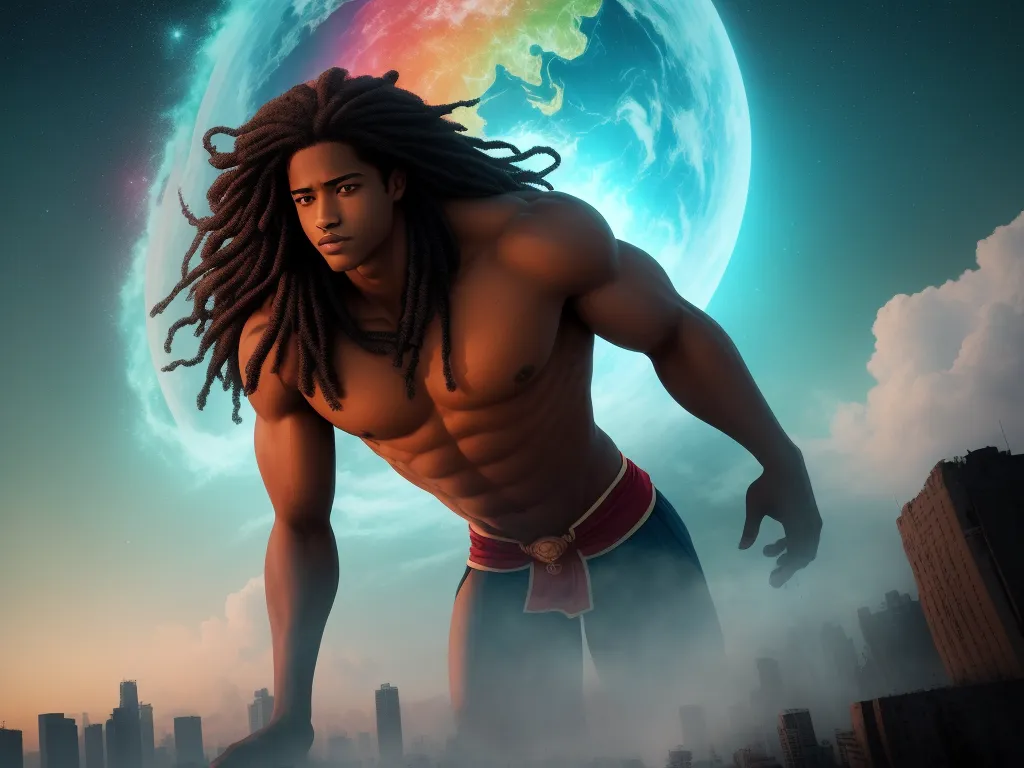 increase image resolution - a man with dreadlocks standing in front of a rainbow colored moon and cityscape in the background, by Hanna-Barbera