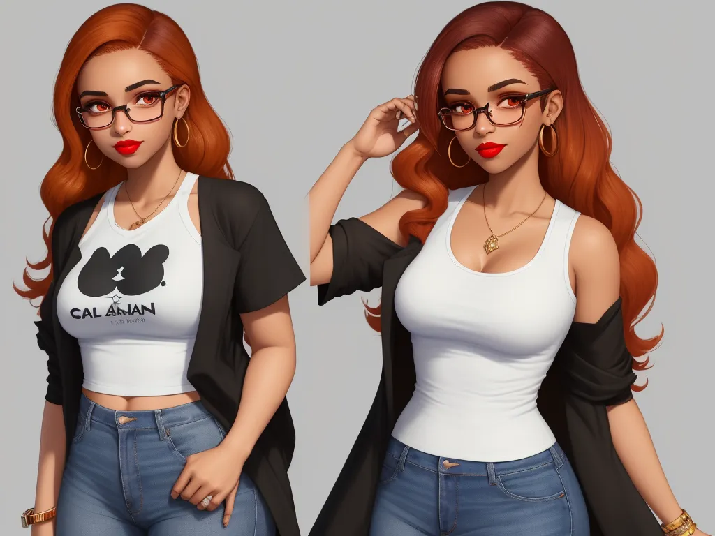 ai photo generator from text - a woman with red hair wearing glasses and a white shirt with a mickey mouse t - shirt on it, by Lois van Baarle