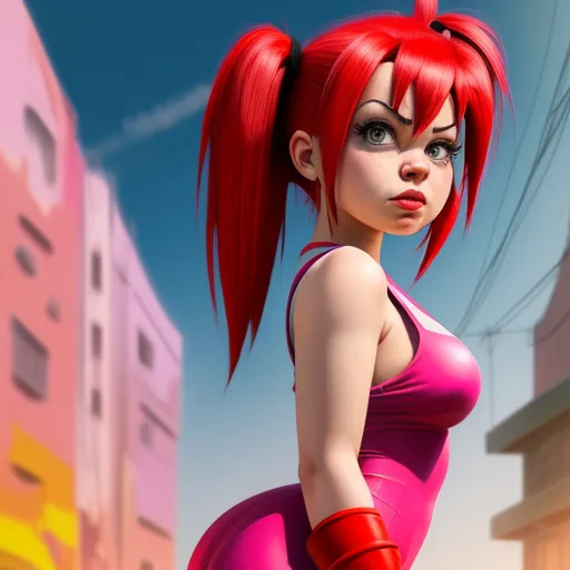 a cartoon girl with red hair and red gloves on a city street with buildings in the background and a blue sky, by Hanna-Barbera