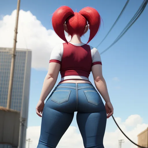 how to change image resolution - a woman with red hair and blue jeans is standing in the street with her back to the camera and looking at the sky, by Akira Toriyama