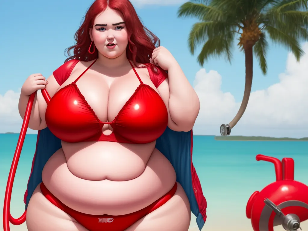 pixel to inches conversion - a woman in a bikini with a parasol on a beach with a palm tree in the background and a heart shaped object in the foreground, by Fernando Botero