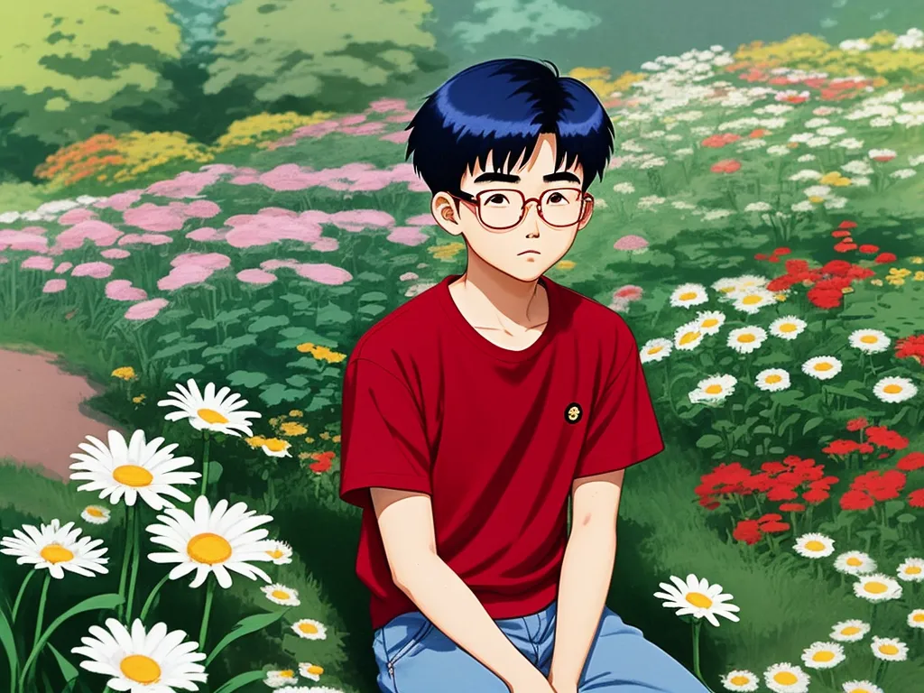 free ai text to image generator - a boy sitting in a field of flowers with a red shirt on and a red shirt on his chest, by Naoko Takeuchi