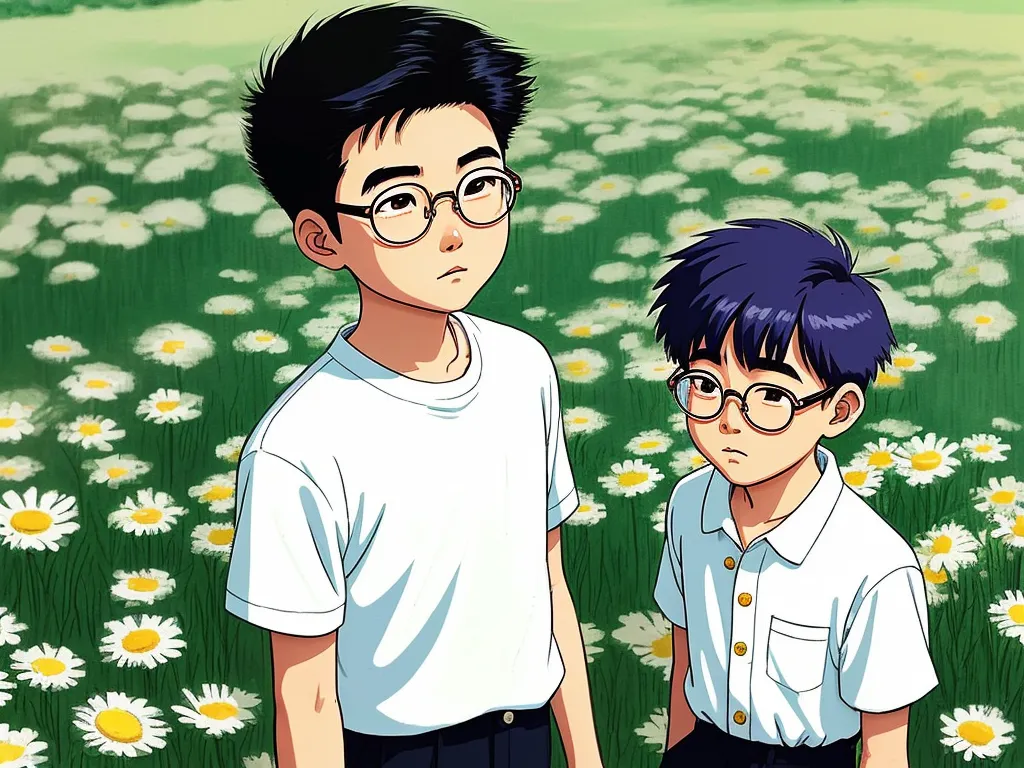 best photo ai enhancer - two young boys standing in a field of daisies with glasses on their faces and one boy with glasses on his head, by NHK Animation