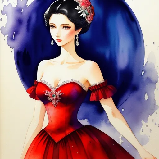 a painting of a woman in a red dress with a blue background and a large blue circle behind her, by Naoko Takeuchi