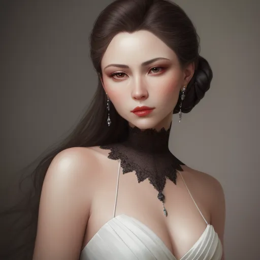 a woman with a very long hair wearing a white dress and earrings with a black lace collar and earrings, by Hsiao-Ron Cheng