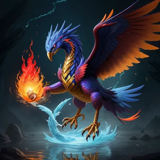 text to image ai generator - a colorful bird with a flame in its beak and wings flying over water with a dark background and a dark sky, by Hendrik van Steenwijk I