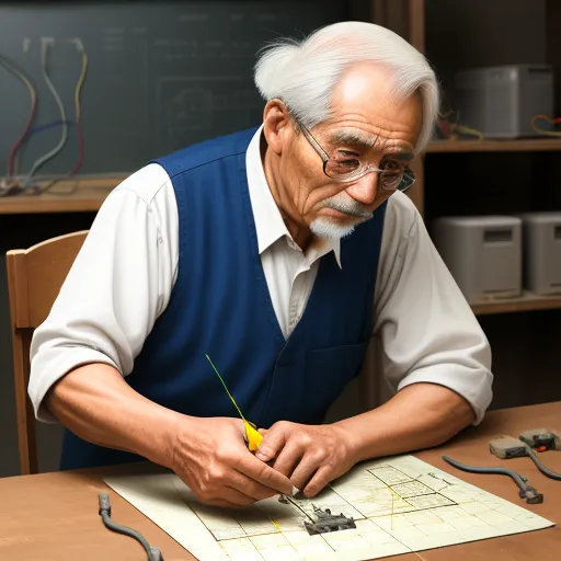 enlarge image - a man in a blue vest working on a piece of paper with a yellow object in his hand and a wire cutter in his other hand, by Shusei Nagaoko