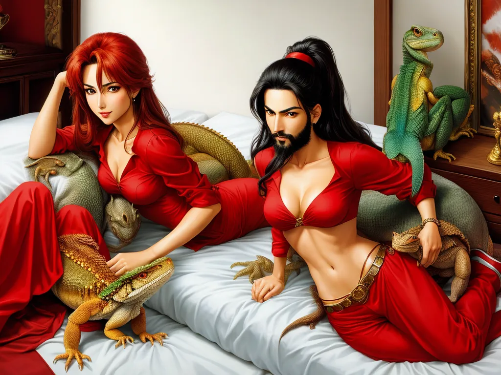 make image higher resolution - a painting of two women in red outfits on a bed with lizards and lizards on the bedding and a lizard on the bed, by Rumiko Takahashi