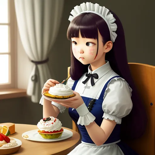 4k quality photo converter - a girl in a dress holding a plate of food in front of a table with a cake on it, by Liu Ye
