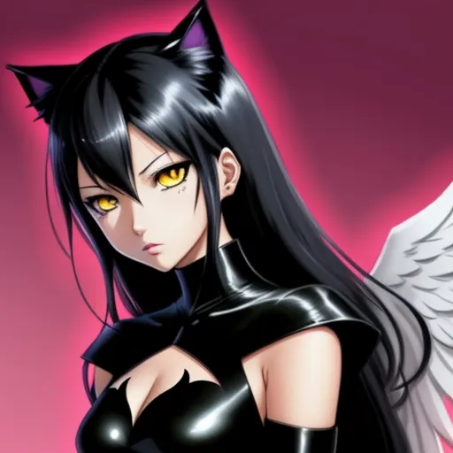 ai-generated images - a woman with a cat costume and wings on her chest and chest, with a pink background and a pink background, by Sailor Moon