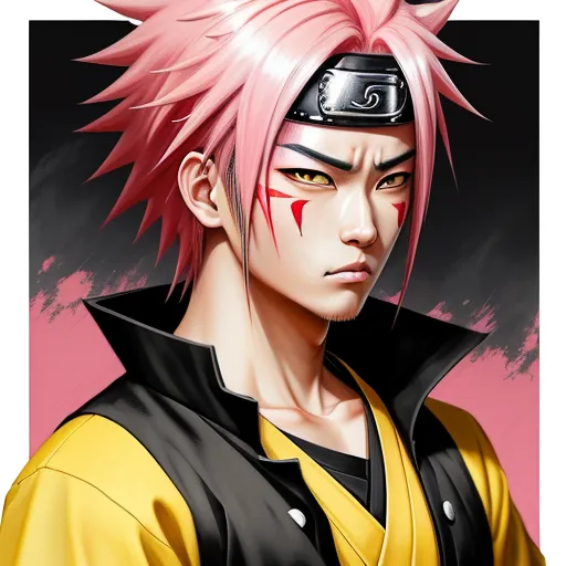 image from text ai - a man with pink hair and a black and yellow outfit with a pink mohawk and a black and yellow shirt, by Baiōken Eishun