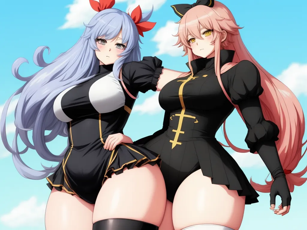 two anime girls in black and white outfits with long hair and bows on their heads, one of them is wearing a black and white outfit, by Toei Animations