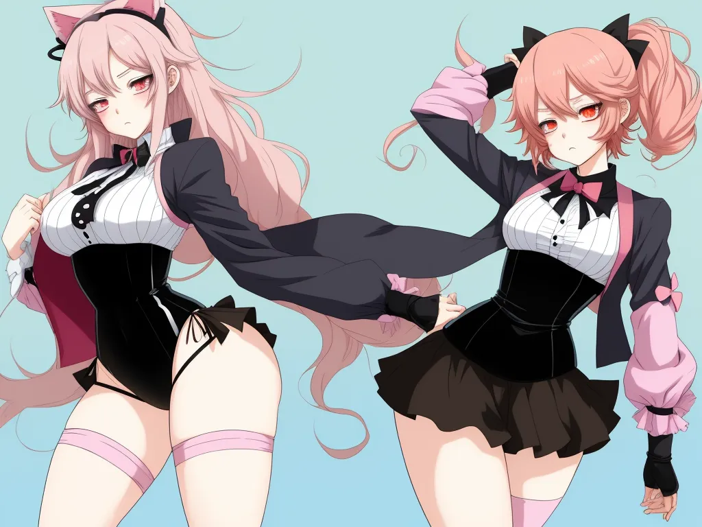 turn photo to 4k - two anime girls in short skirts and cat ears, one in a black and white outfit and the other in a pink and white top, by Hanabusa Itchō