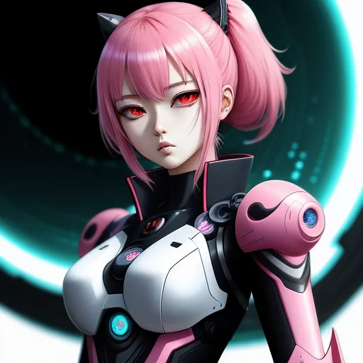 make image higher resolution - a woman with pink hair and a cat ears outfit is standing in front of a circular background with a pink and white robot, by Leiji Matsumoto