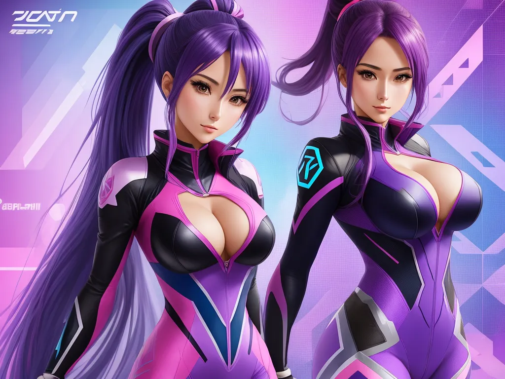 4k to 1080p converter - two women in futuristic outfits with purple hair and purple hair, one with a black top and the other with a blue and pink top, by Toei Animations