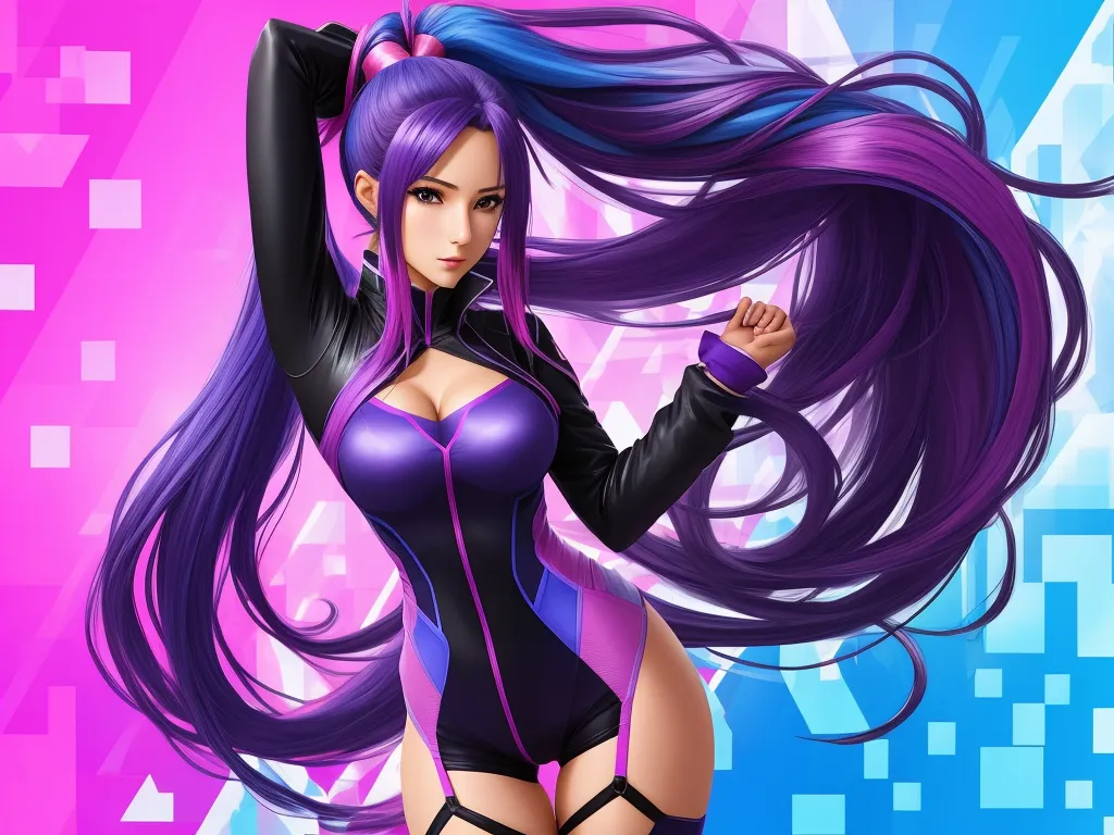 image sharpener - a cartoon girl with purple hair and a black outfit with purple hair and a purple and blue background with squares, by Hanabusa Itchō