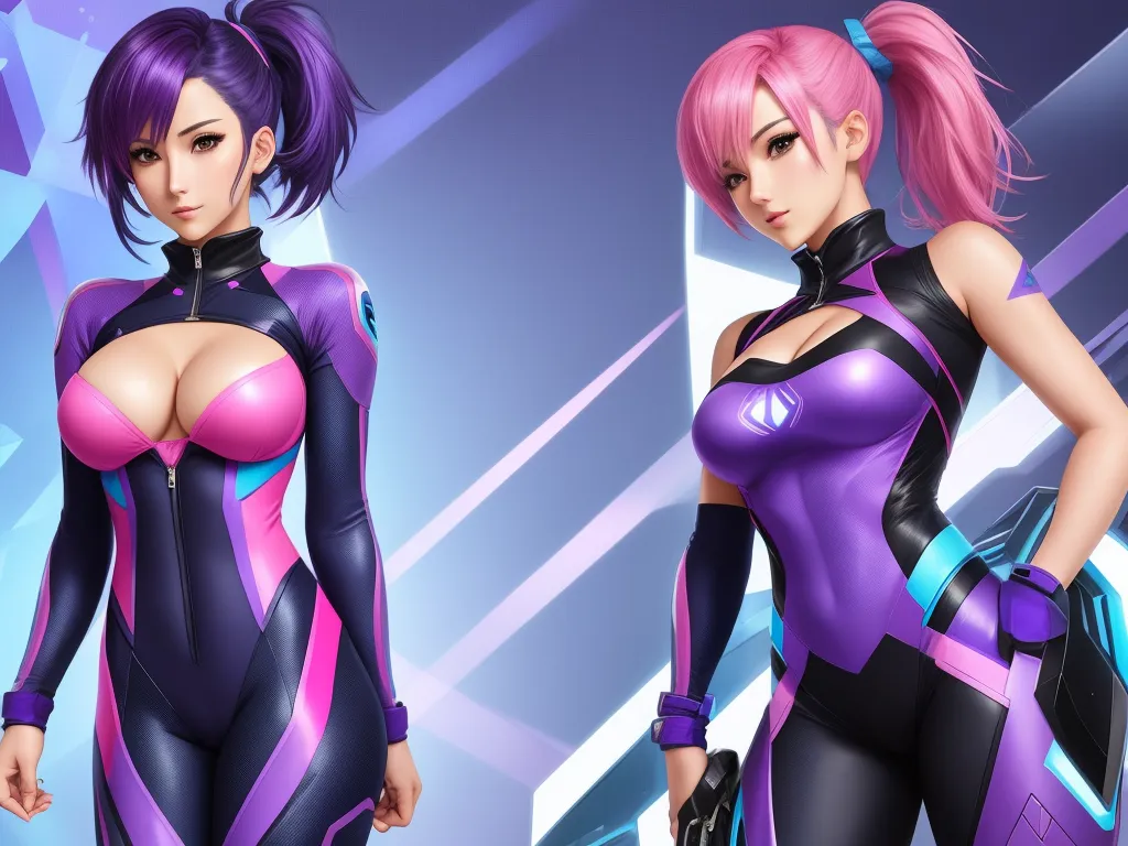 generate ai images from text - two women in futuristic outfits with pink hair and blue eyes, one in a black and purple outfit and the other in a pink and blue outfit, by Hanabusa Itchō