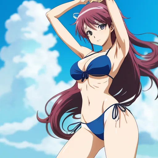 a woman in a bikini standing in the sand with her hair blowing in the wind and a sky background, by Toei Animations