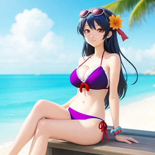 word to image generator ai - a woman in a bikini sitting on a bench near the ocean and a palm tree in the background,, by Toei Animations