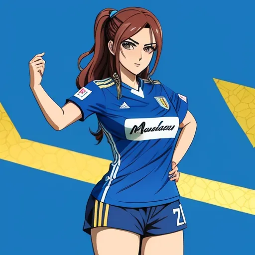 a woman in a soccer uniform with a blue shirt and yellow stripes on her chest and a yellow arrow in the background, by Hiromu Arakawa