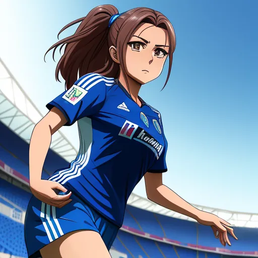 a woman in a soccer uniform running in a stadium with a sky background and a stadium's blue seats, by Toei Animations