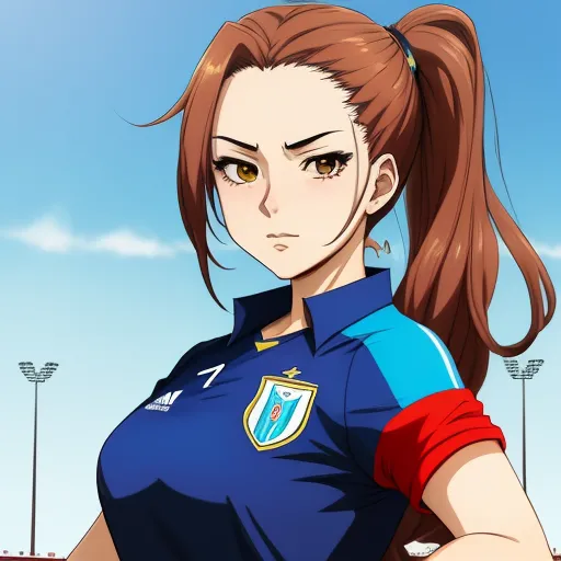 a woman in a uniform with a ponytail and a ponytail in her hair, standing in front of a stadium, by Toei Animations