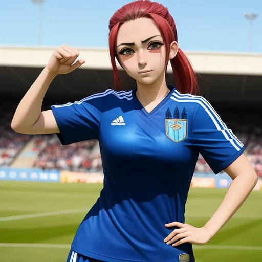 a woman in a blue soccer uniform is posing for a picture in front of a stadium with a soccer ball, by Toei Animations