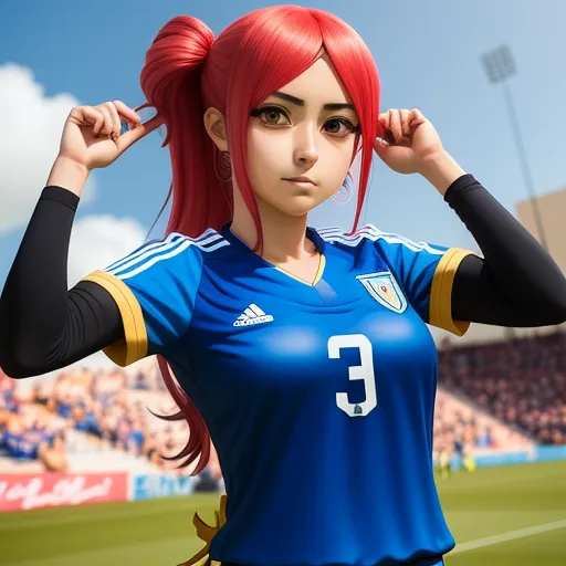 a woman with red hair and a blue shirt on a soccer field with a crowd of people in the background, by Toei Animations