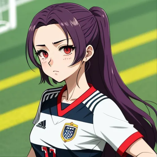 ai picture generator from text - a girl with long hair and red eyes is standing in front of a soccer field with a soccer ball, by Hiromu Arakawa