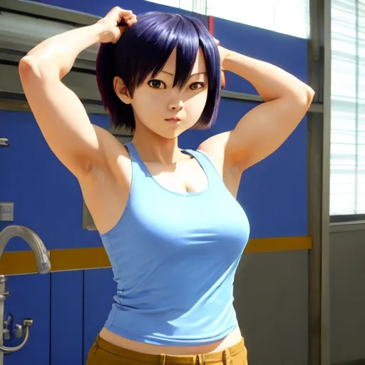 a woman with a blue tank top and brown pants posing for a picture with her hands on her head, by NHK Animation