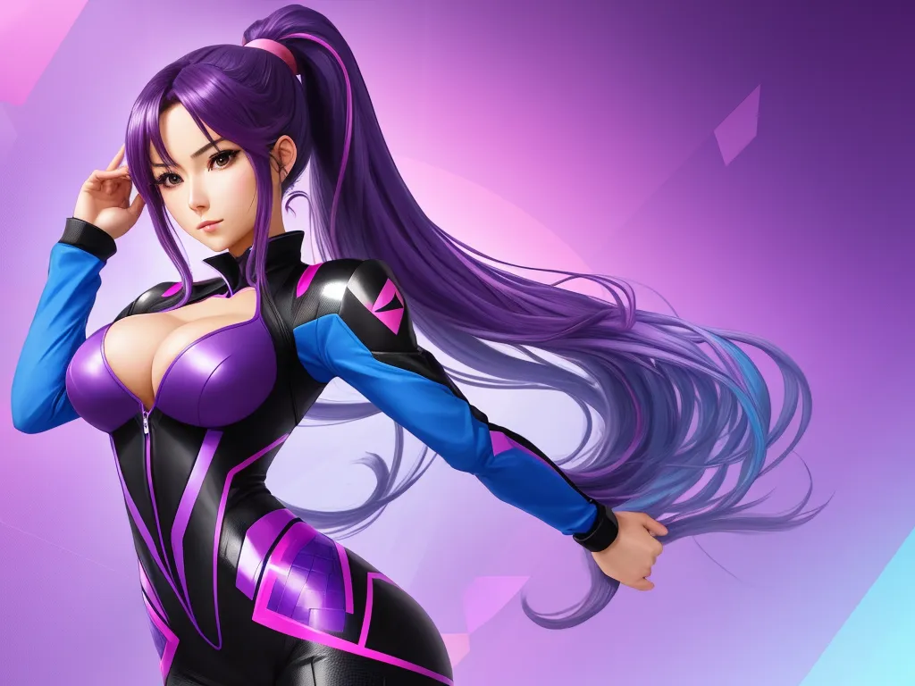 image to 4k - a woman with long purple hair and a purple outfit on posing for a picture with her hands on her head, by Toei Animations