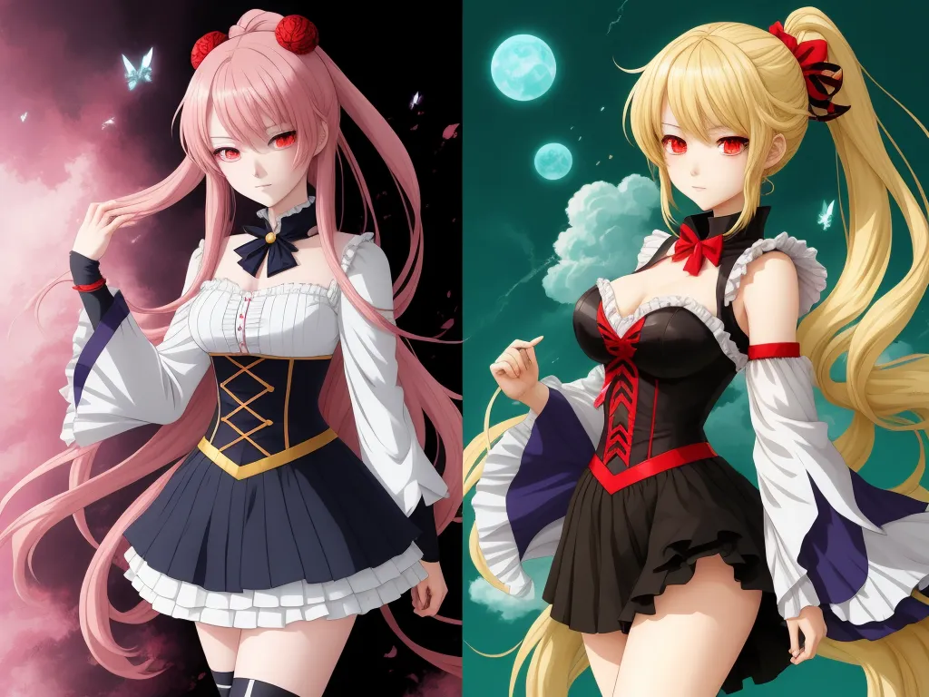 ai text to image - two anime characters in different outfits and one is wearing a dress with a bow on her head and the other has a bow on her head, by Hanabusa Itchō