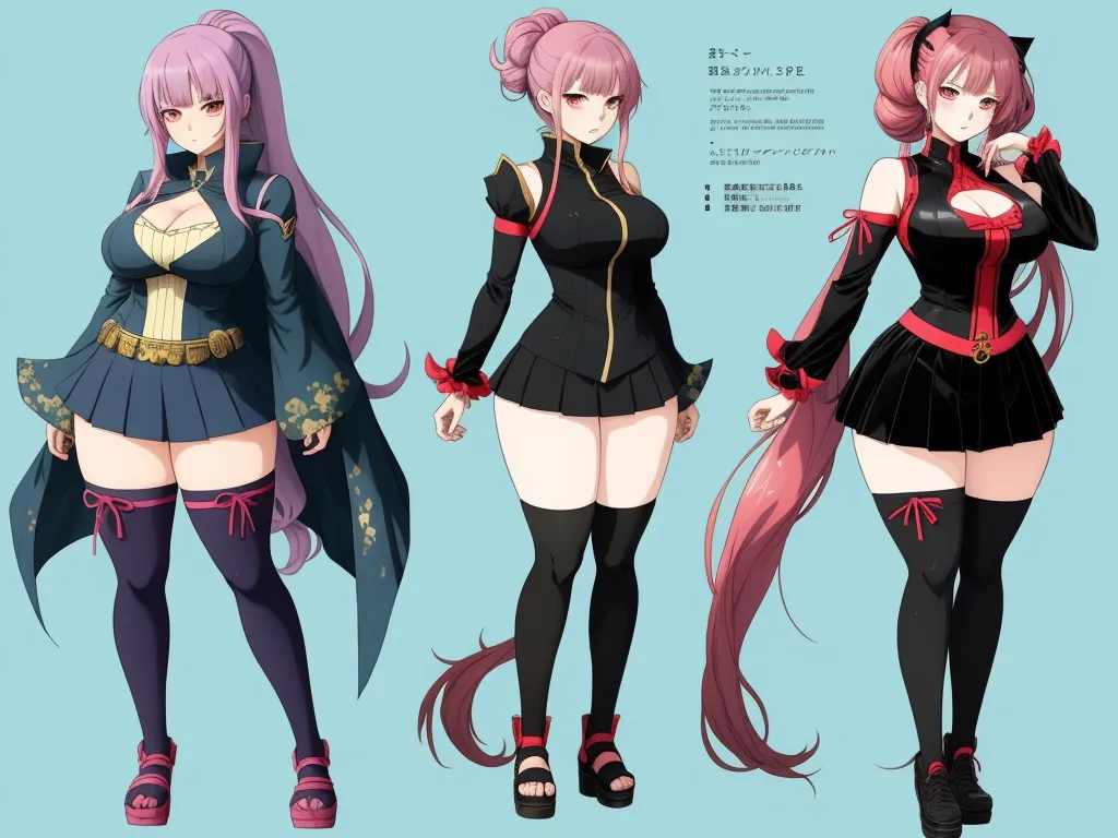 ai image generator from image - three anime girls in black and pink outfits with long hair and long legs, one with pink hair and one with pink hair, by Hanabusa Itchō