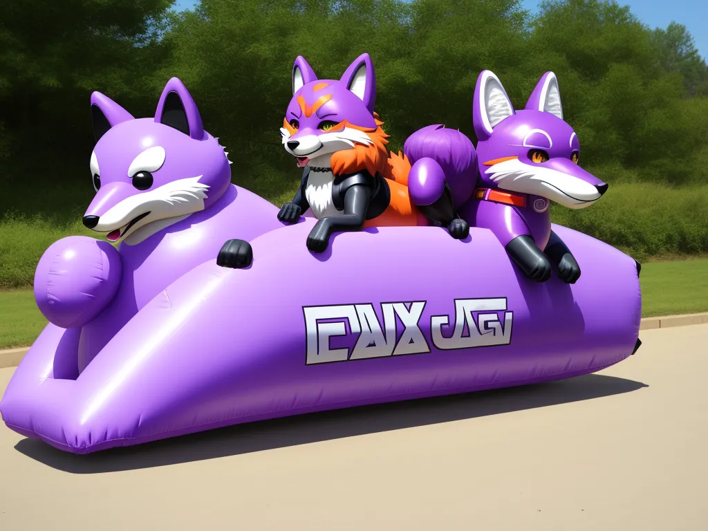 ai image creator from text - a purple inflatable with two foxes riding on it's back and a fox riding on top, by Hanna-Barbera