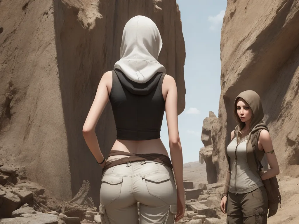 a woman in a black top and a woman in a white top are standing in a desert area with rocks, by François Bocion