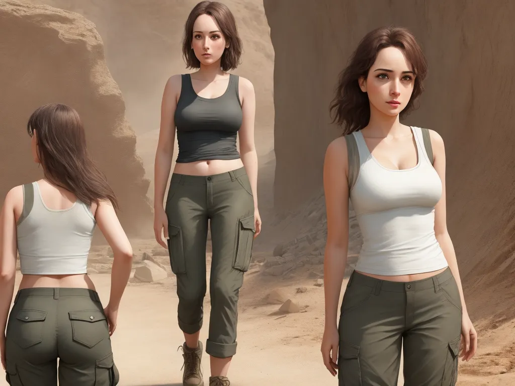text image generator ai - a woman in a tank top and pants standing in a desert area with a desert background and a desert landscape, by Edmond Xavier Kapp