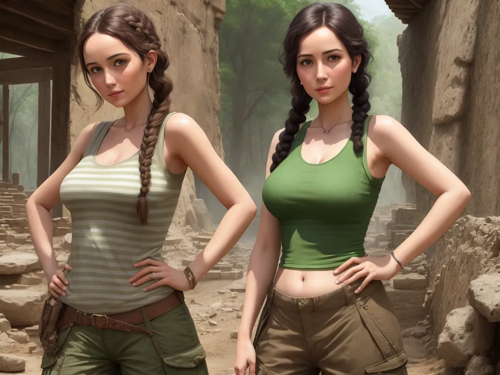 make picture higher resolution - two women standing next to each other in a desert area with ruins and trees in the background, one of them wearing a green tank top, by Chen Daofu