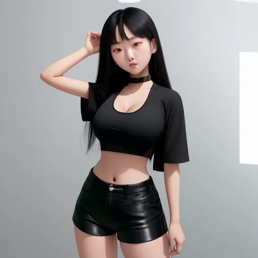 pixel to inches conversion - a woman in a black top and black shorts posing for a picture with her hand on her head and her right hand on her head, by Terada Katsuya