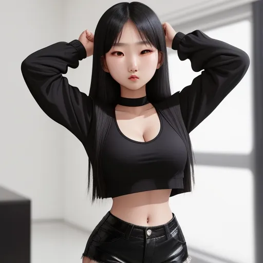a woman in a black top and black shorts posing for a picture with her hands on her head and her hair in the air, by Chen Daofu