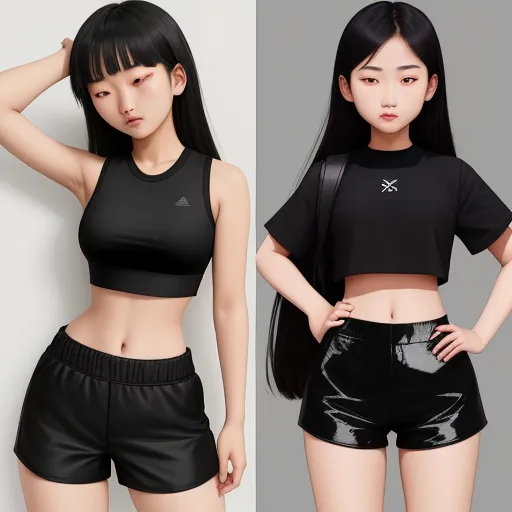 change photo resolution - two women in black clothing posing for a picture together, one is wearing a crop top and the other is wearing a short skirt, by Hsiao-Ron Cheng
