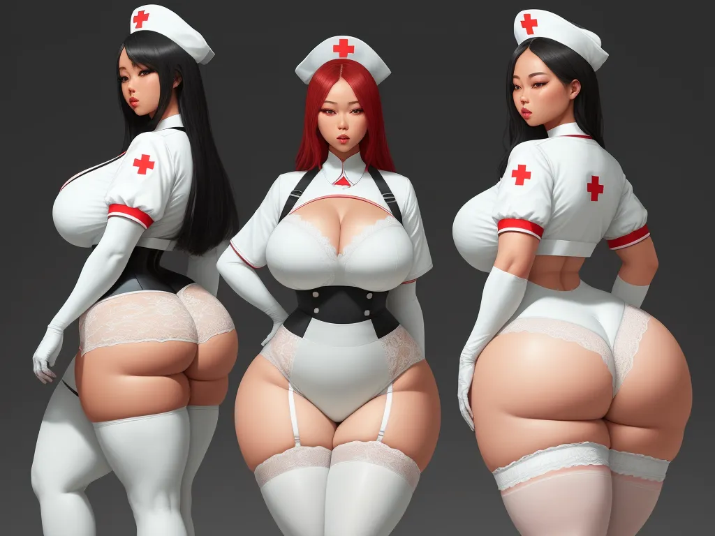 three women in white nurse outfits with red cross on their chest and a red cross on their chest, both of them are wearing white stockings, by Terada Katsuya