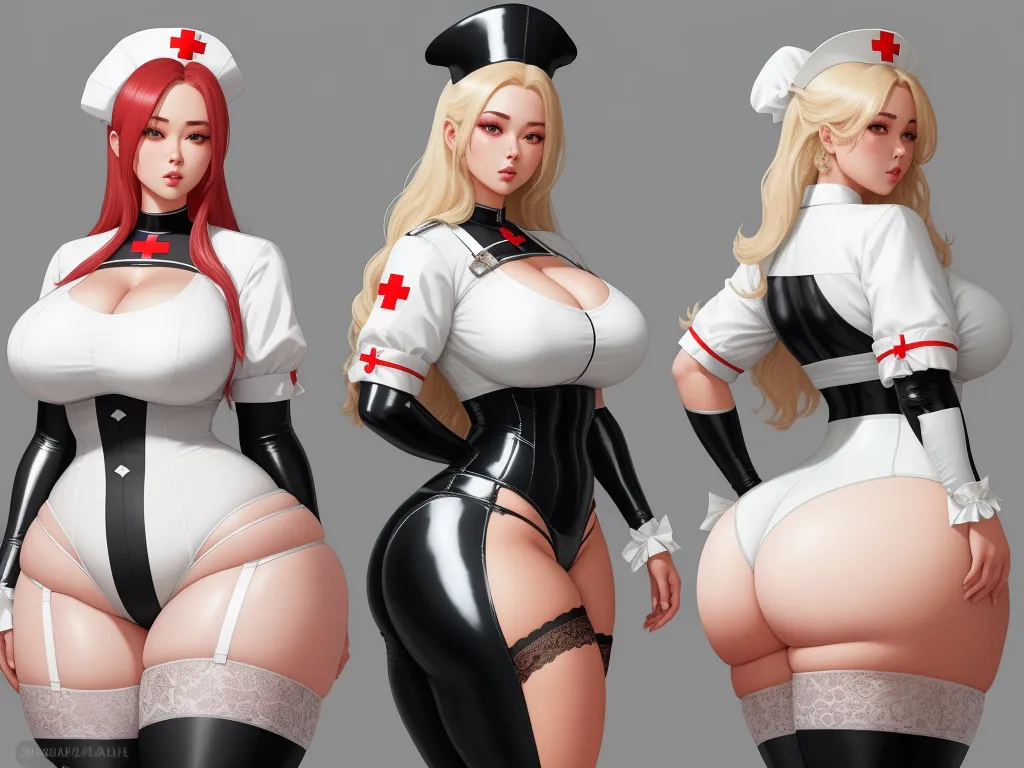 ai text-to-image - three different poses of a woman in nurse costumes with a red cross on her chest and a nurse uniform on her chest, by Terada Katsuya