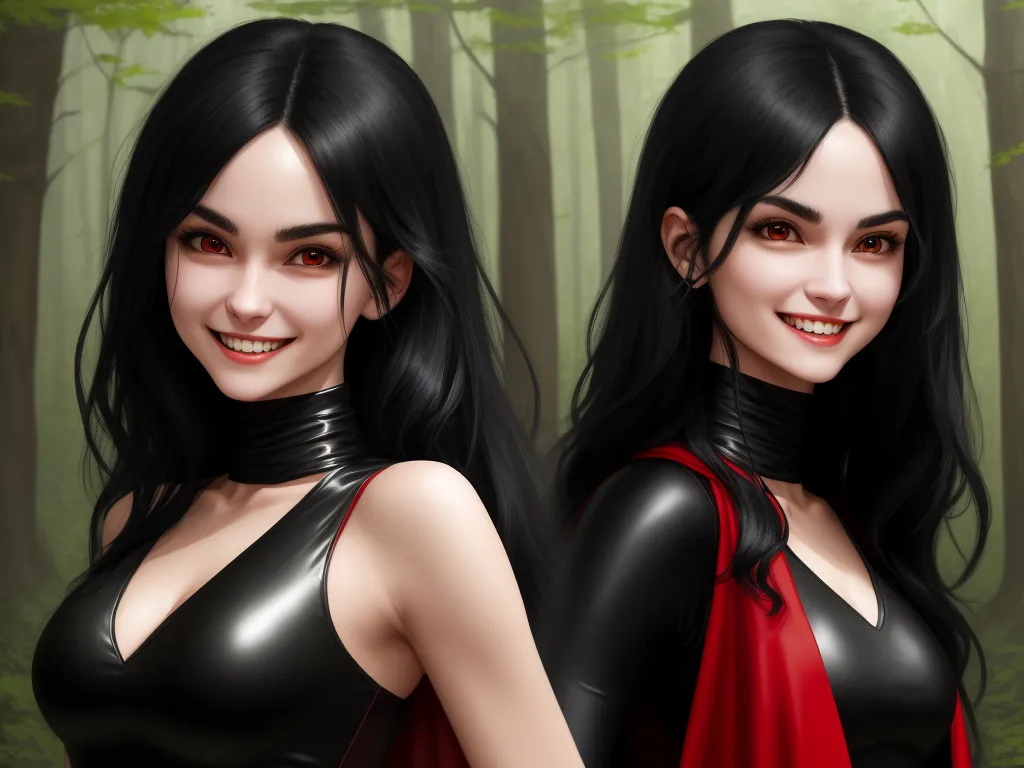 free high resolution images - a digital painting of a woman in a red dress in a forest with trees and leaves behind her is a digital painting of a woman in a black leather dress, by Lois van Baarle