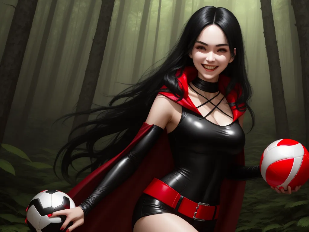 ai image app - a woman in a red cape holding a soccer ball in a forest with trees in the background and a red and white ball in her hand, by Chen Daofu